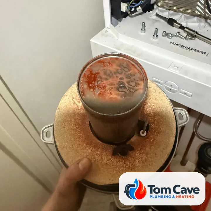 Burner removed, with heavy orange deposits on the burner and insulation