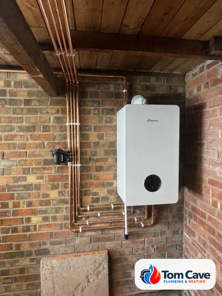 Newly installed Worcester Bosch boiler on a brick garage wall, with neatly clipped copper pipework and a magnetic system filter