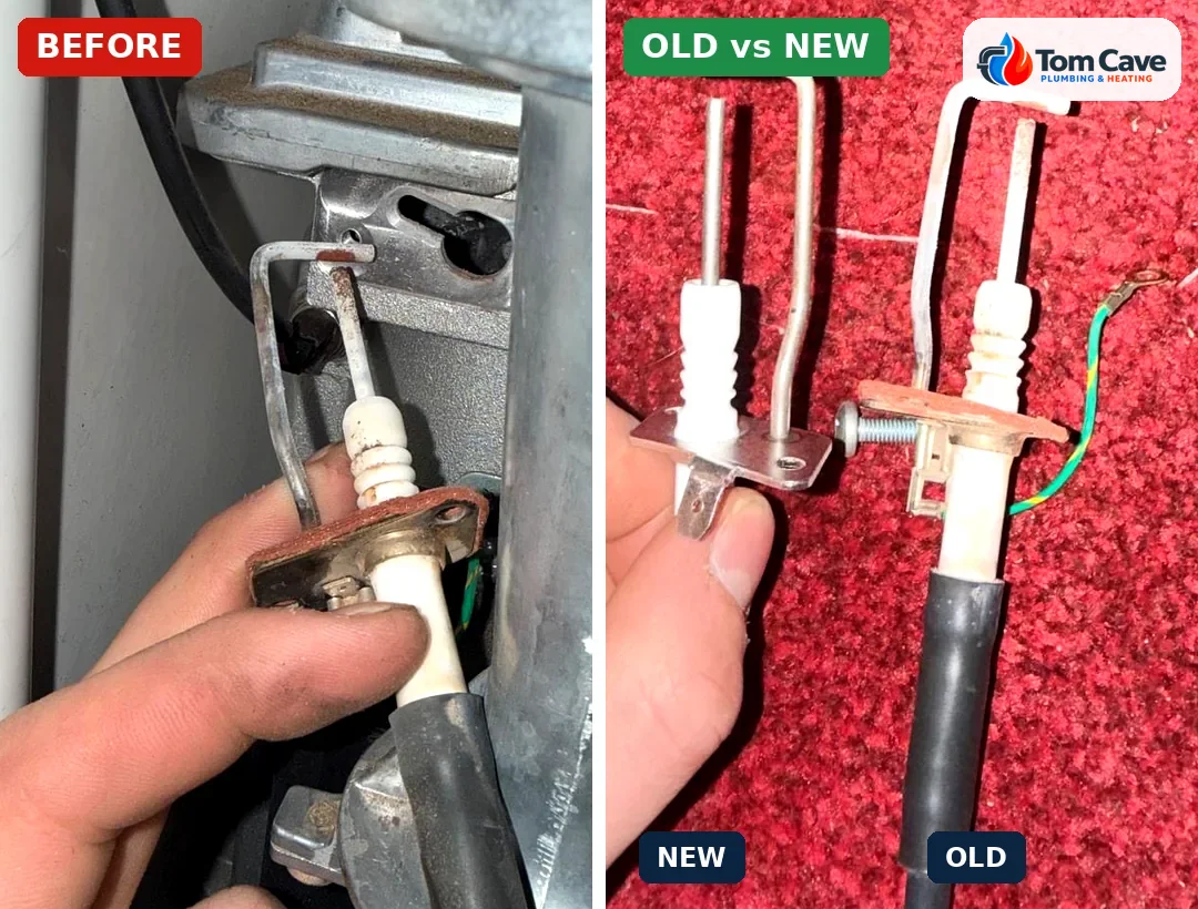Before and after: a worn, corroded boiler ignition electrode next to the new replacement part