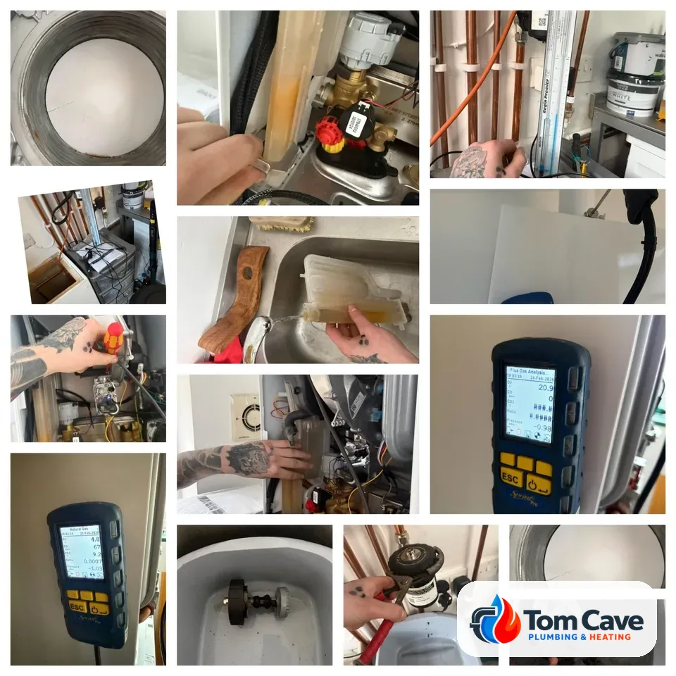 Baxi boiler service: condensate trap cleaned, magnetic filter emptied, combustion chamber checked and flue gas analysis readings