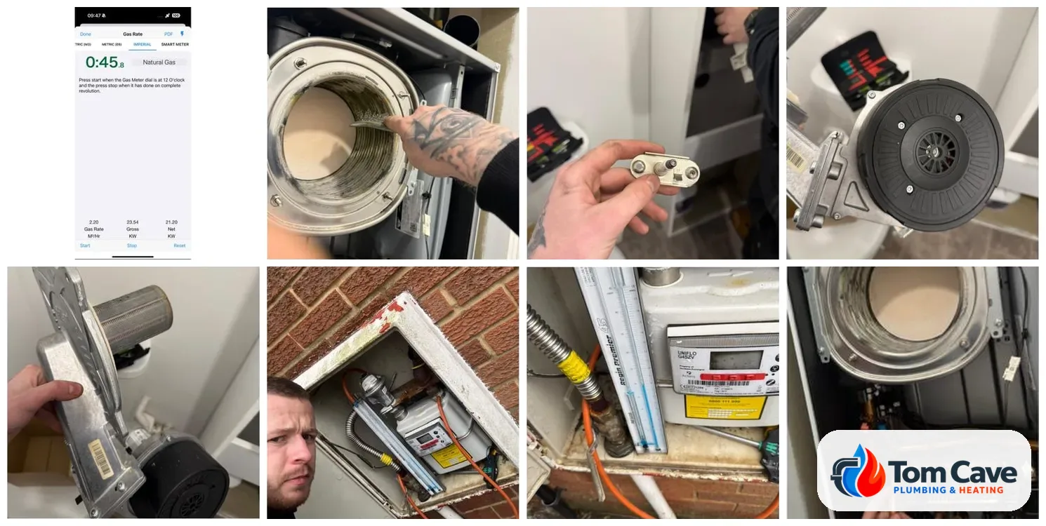 Boiler strip-down service: burner, fan and gas valve removed and cleaned, heat exchanger cleaned, gas rate and pressure checks at the meter